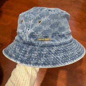 Michael Kors Denim Bucket Hat with Gold Logo Plaque - Light Blue